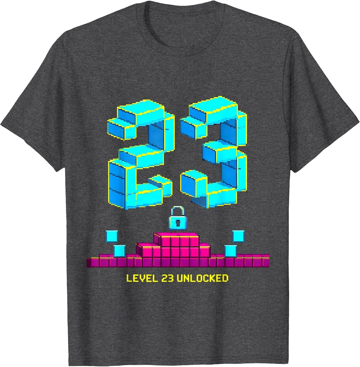 Level 23 Unlocked Pixel Art Gamer Birthday Milestone T-Shirt - Dark Heather Grey