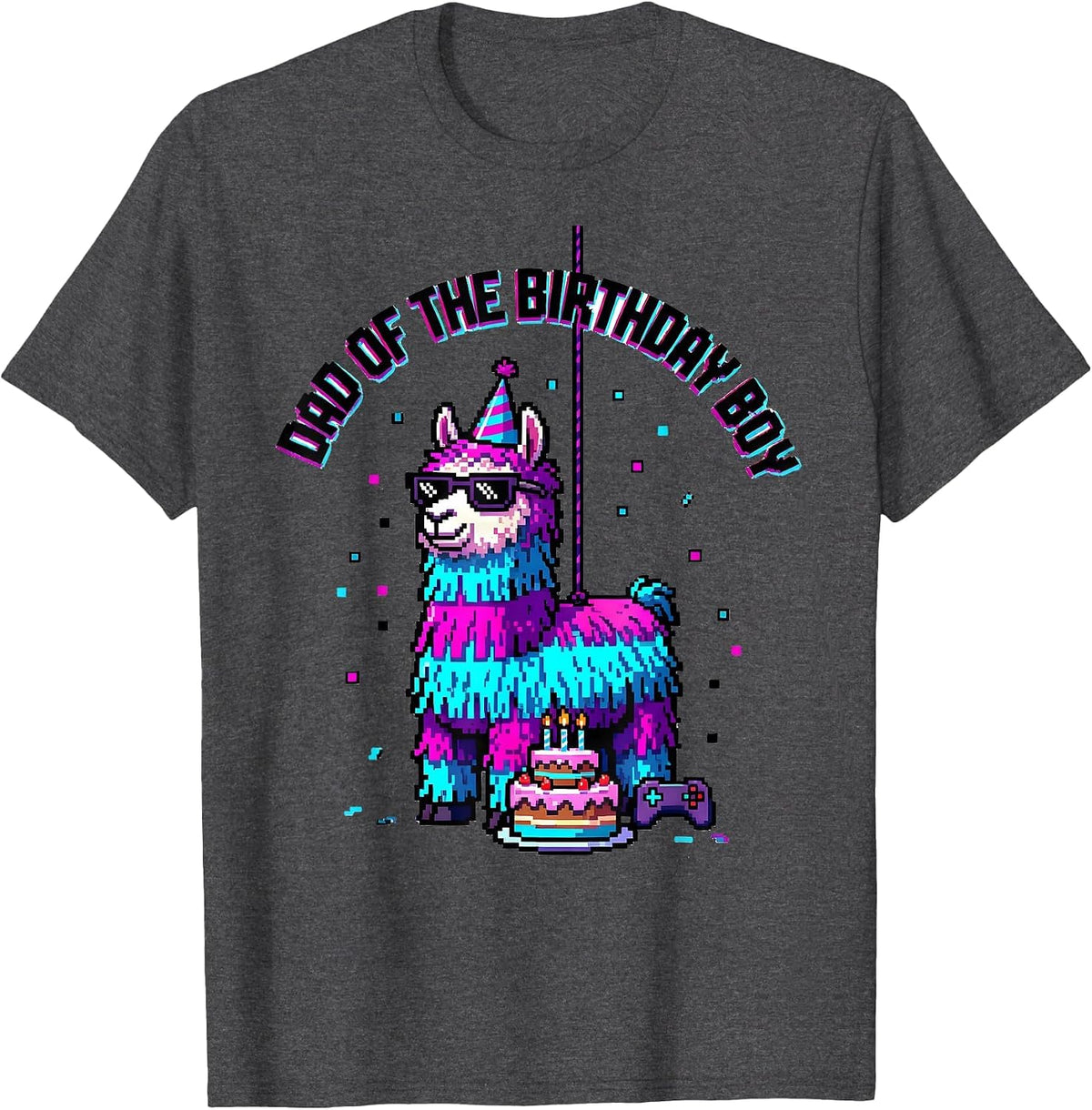 Men's Dad Of The Birthday Boy Pixel Art Llama Piñata Gamer Party T-Shirt - Dark Heather Grey