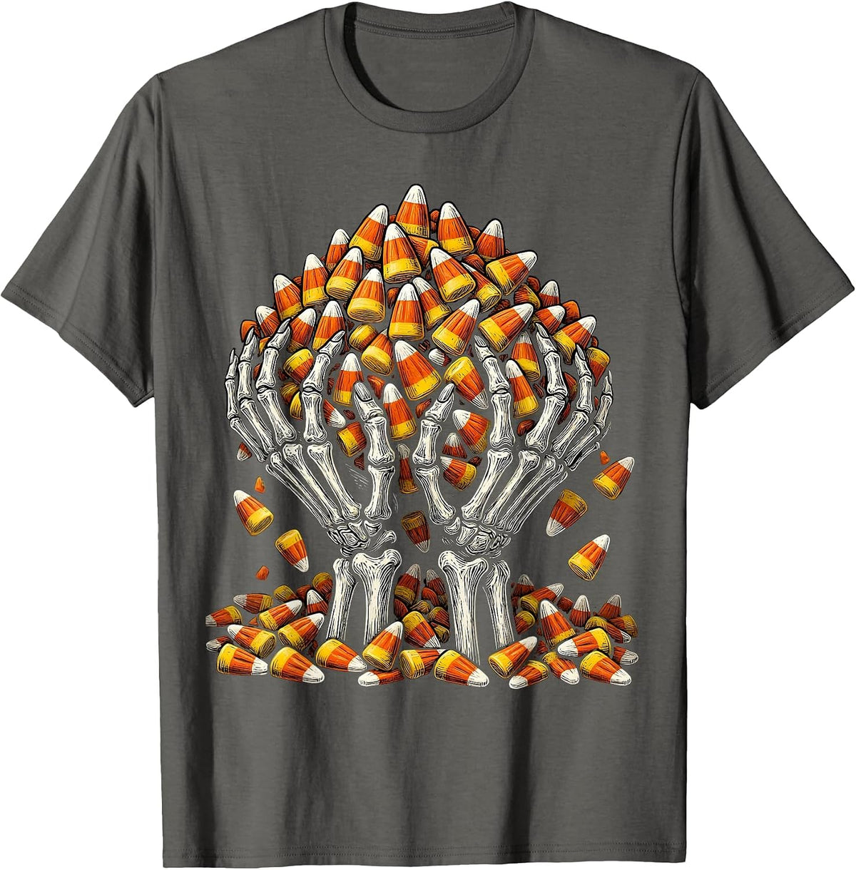 Halloween Candy Corn Skeleton Hands Long Sleeve T-Shirt - Asphalt Grey