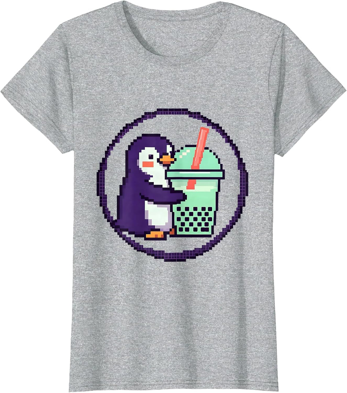 Women's Round Penguin Boba Tea Kawaii Anime Girl T-Shirt - Heather Grey