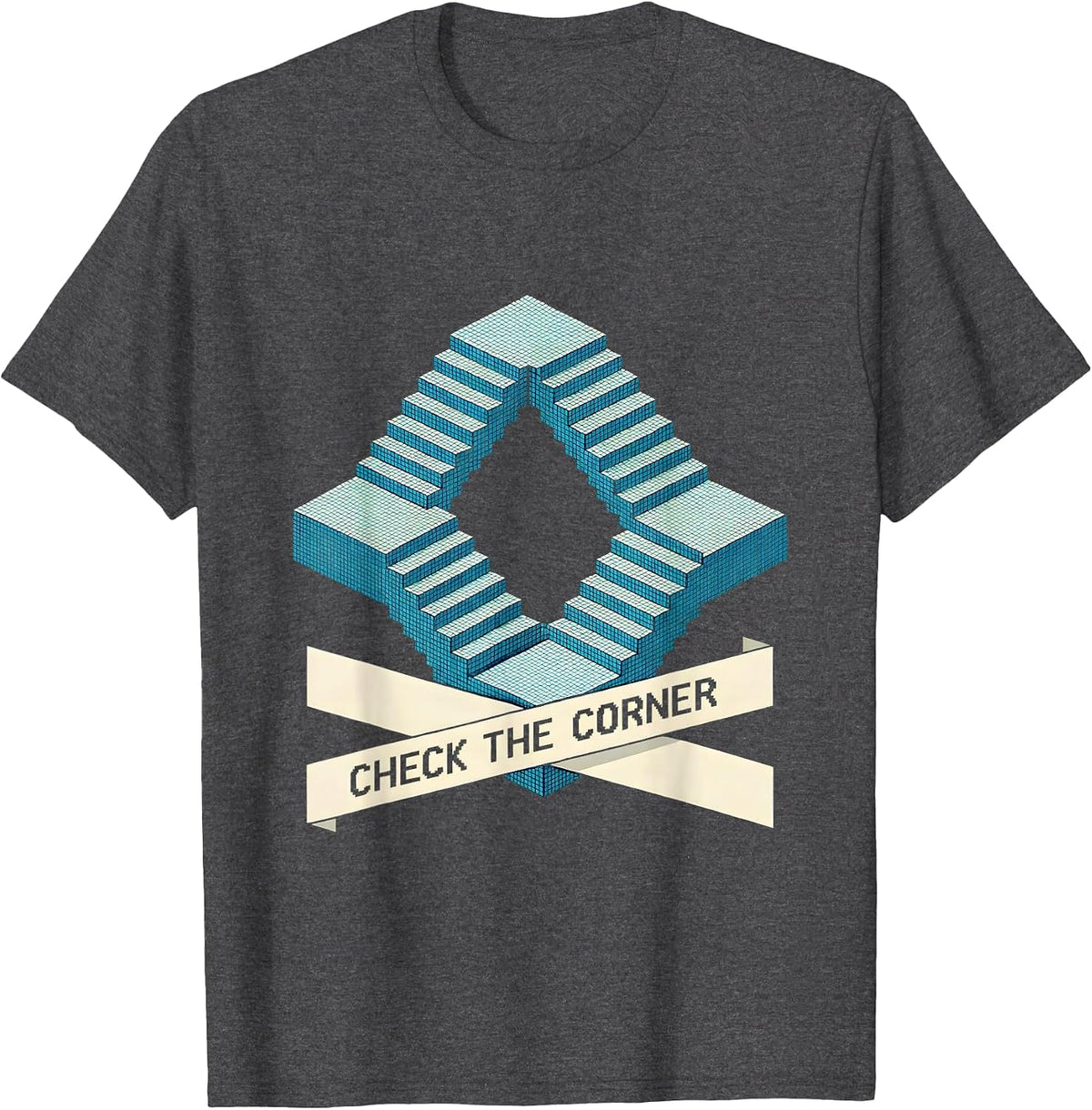 Men's CHECK THE CORNER Pixel Art Optical Illusion Trippy Gift T-Shirt - Dark Heather Grey