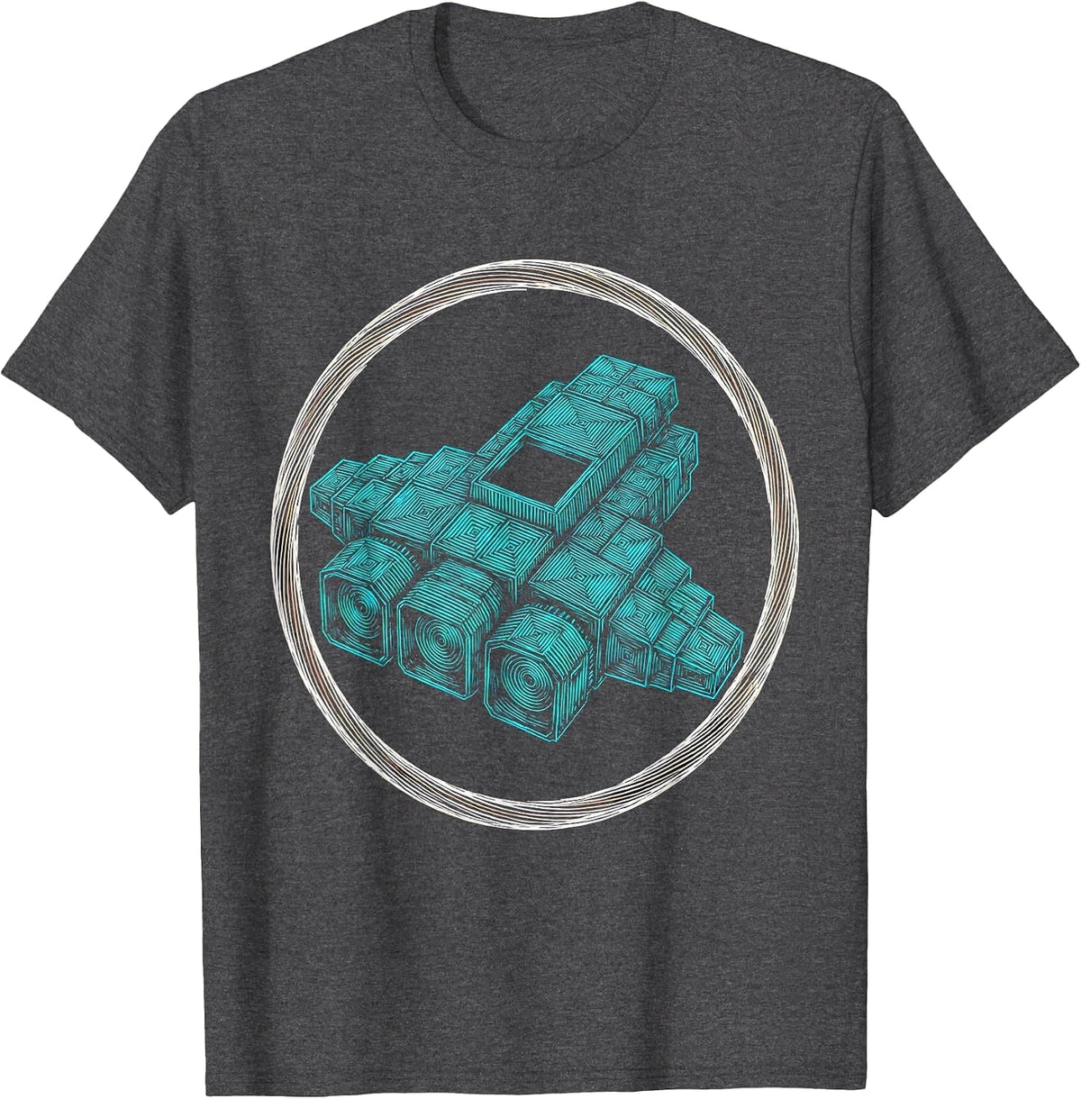 Pixel Art Spaceship Glowing Squares Retro Space T-Shirt - Dark Heather Grey