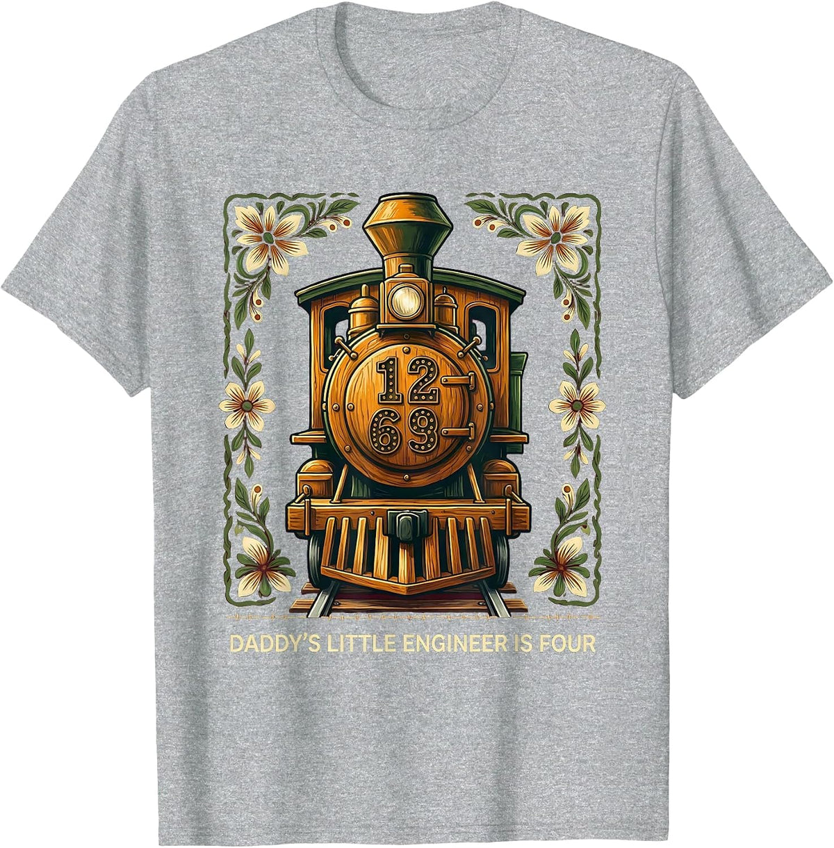 Men's Daddy's Little Engineer Is Four Folk Art Train Birthday T-Shirt - Heather Grey
