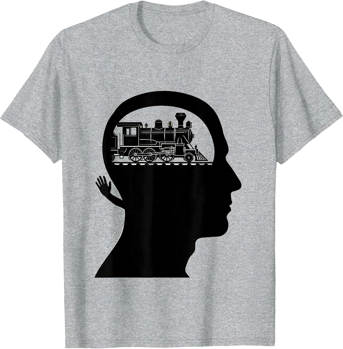 Men's Locomotive In Head Silhouette Funny Train Enthusiast T-Shirt - Heather Grey