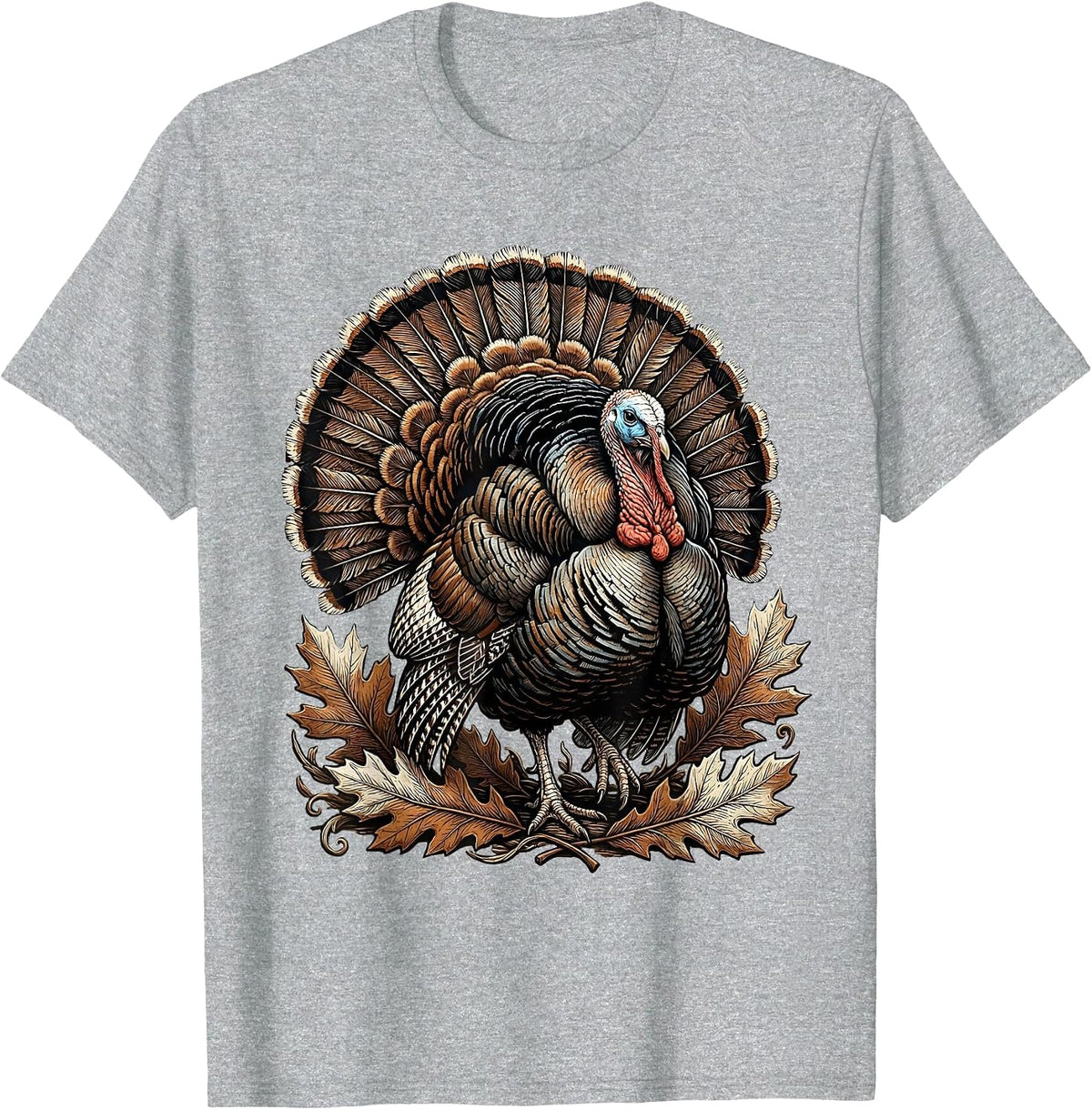 Men's Strutting Turkey Autumn Leaves Thanksgiving Design T-Shirt - Heather Grey