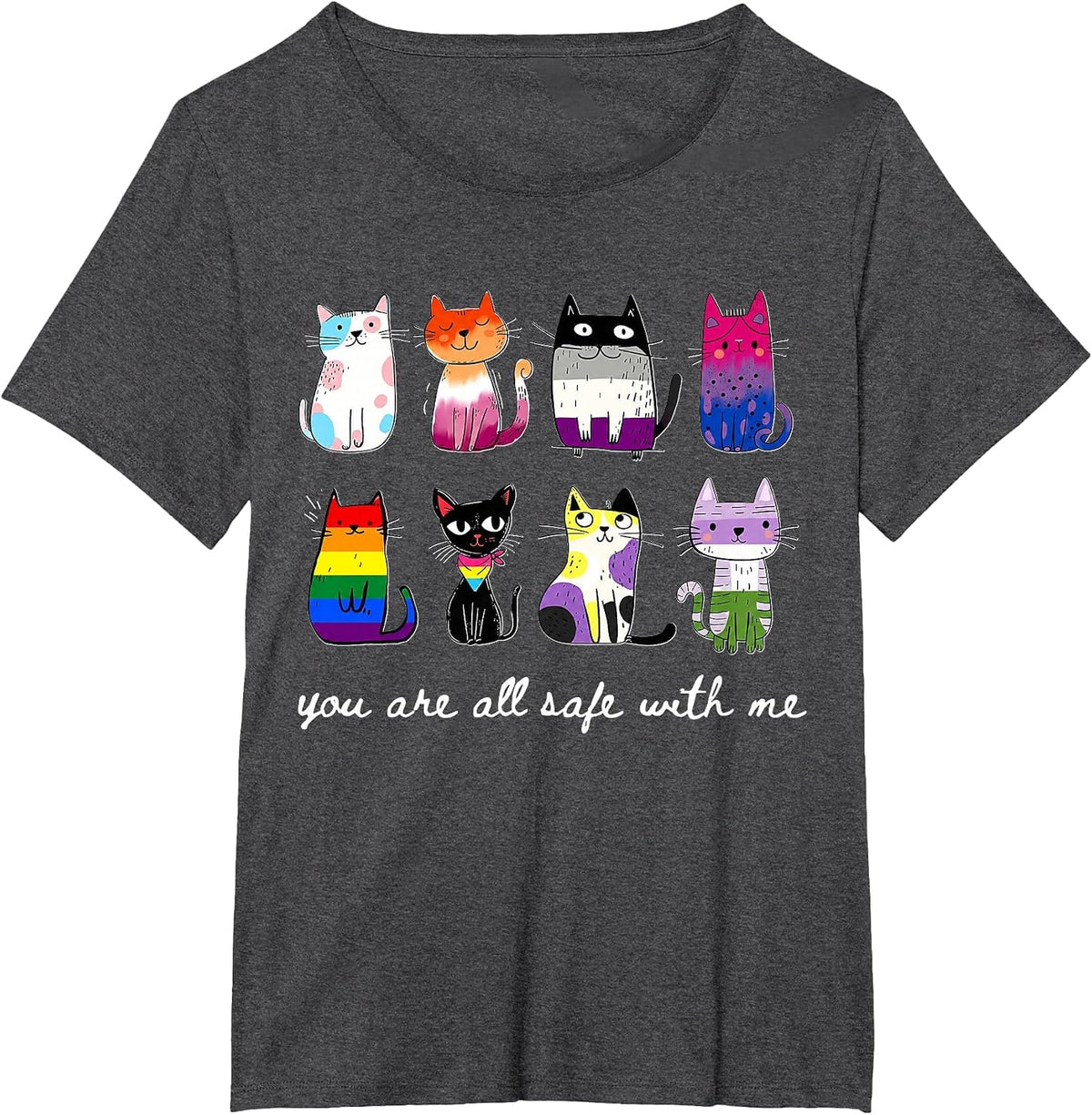 You are All Safe with Me Cute Cat Pride Month LGBT Support T-Shirt - Dark Heather Grey