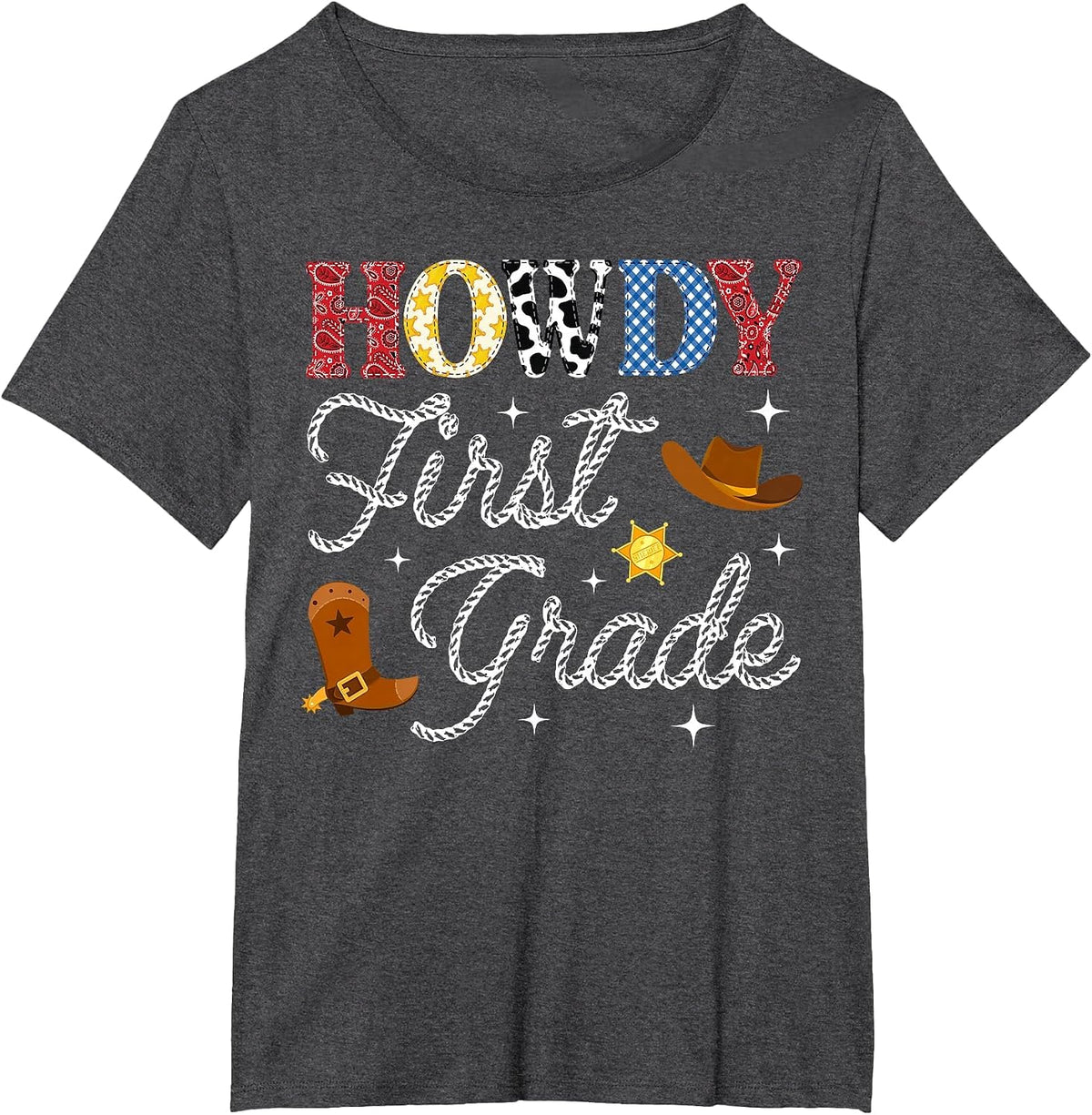 Howdy First Grade Back to School Western Teacher Student T-Shirt - Dark Heather Grey