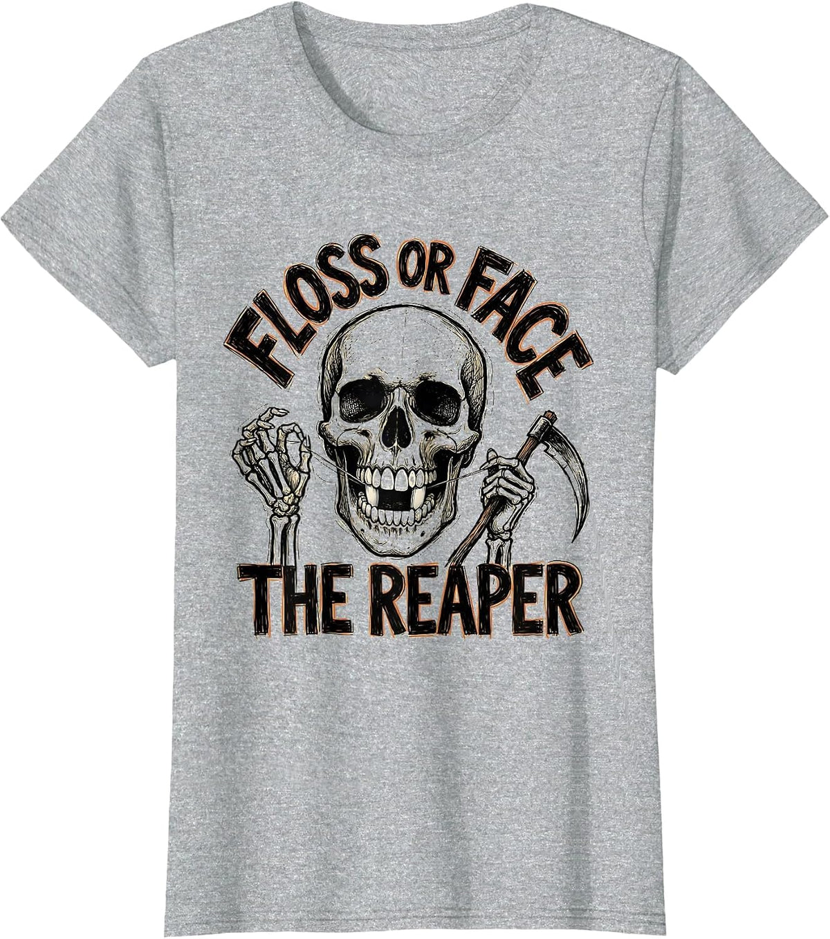 Floss or Face the Reaper Halloween Dental Skull T-Shirt - Heather Grey