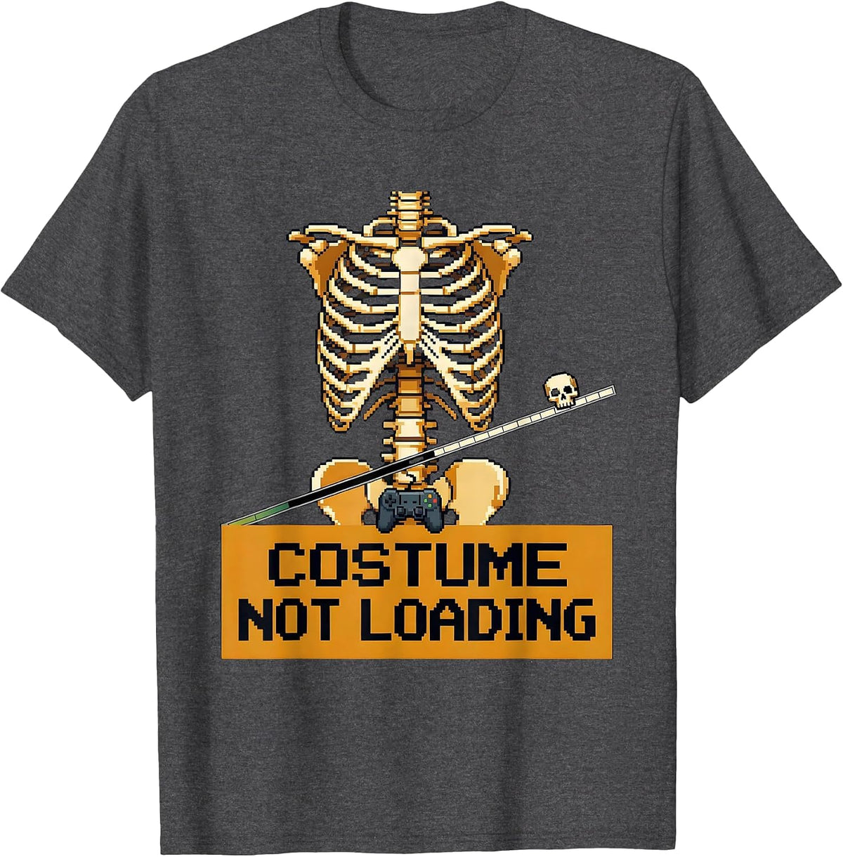 Costume Not Loading Pixel Art Halloween Skeleton Gamer Humor T-Shirt - Dark Heather Grey