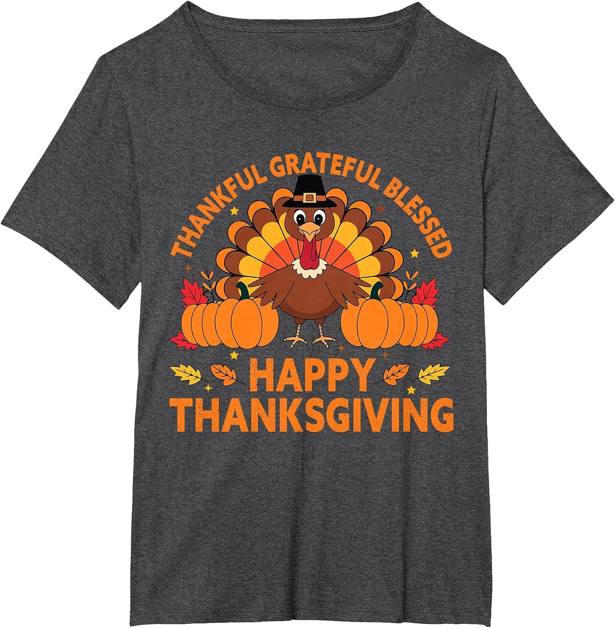 Thankful Grateful Blessed Turkey, Happy Thanksgiving T-Shirt - Dark Heather Grey