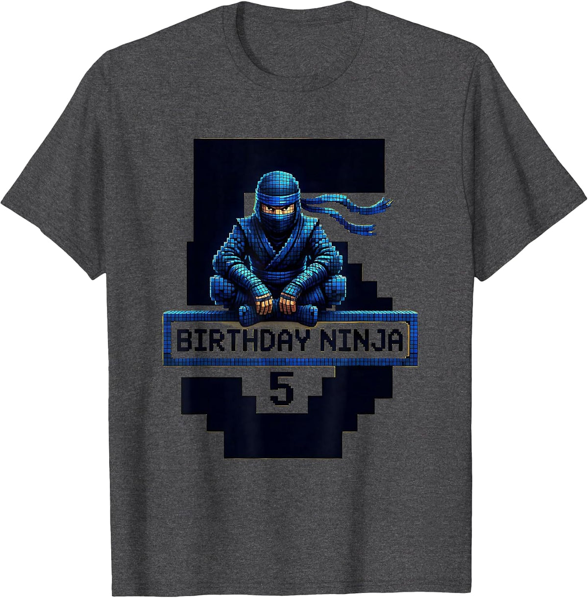 Birthday Ninja 5 Pixel Art Kids Ninja Party Theme T-Shirt - Dark Heather Grey