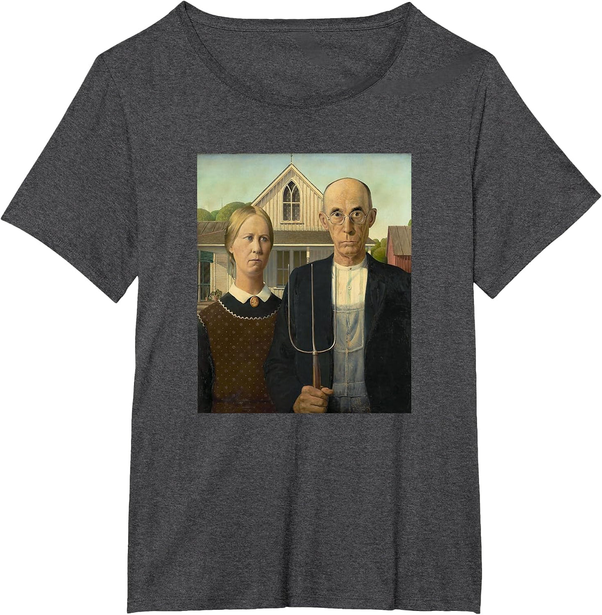 Grant Wood's American Gothic Fine Art Painting Farmers Farm T-Shirt - Dark Heather Grey