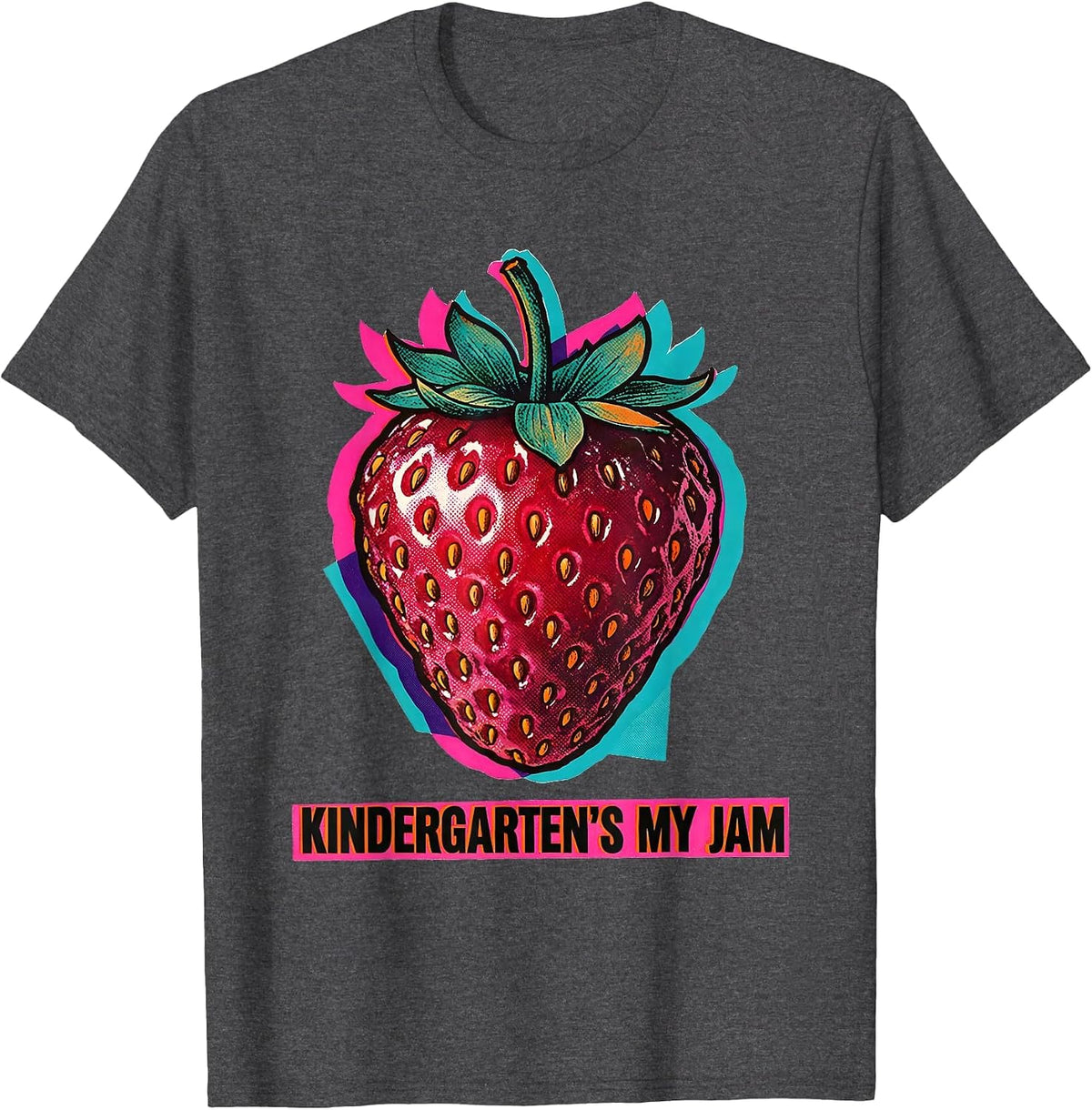 Kindergarten's My Jam Risograph Strawberry Teacher Back T-Shirt - Dark Heather Grey