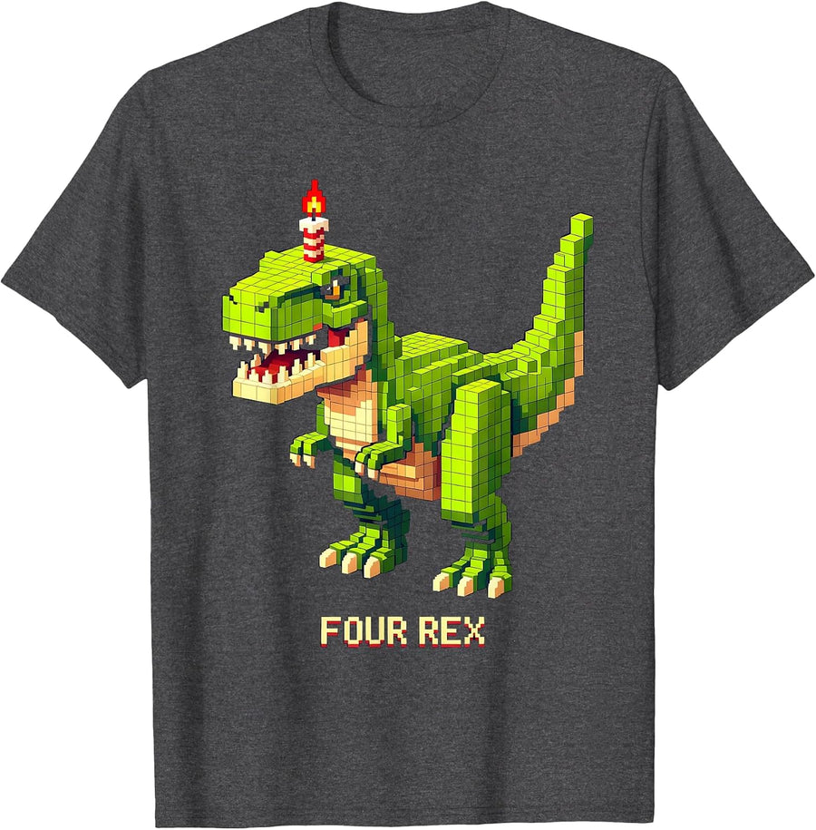 Men's Four Rex Pixel Art Dinosaur Birthday Party Family Matching T-Shirt - Dark Heather Grey