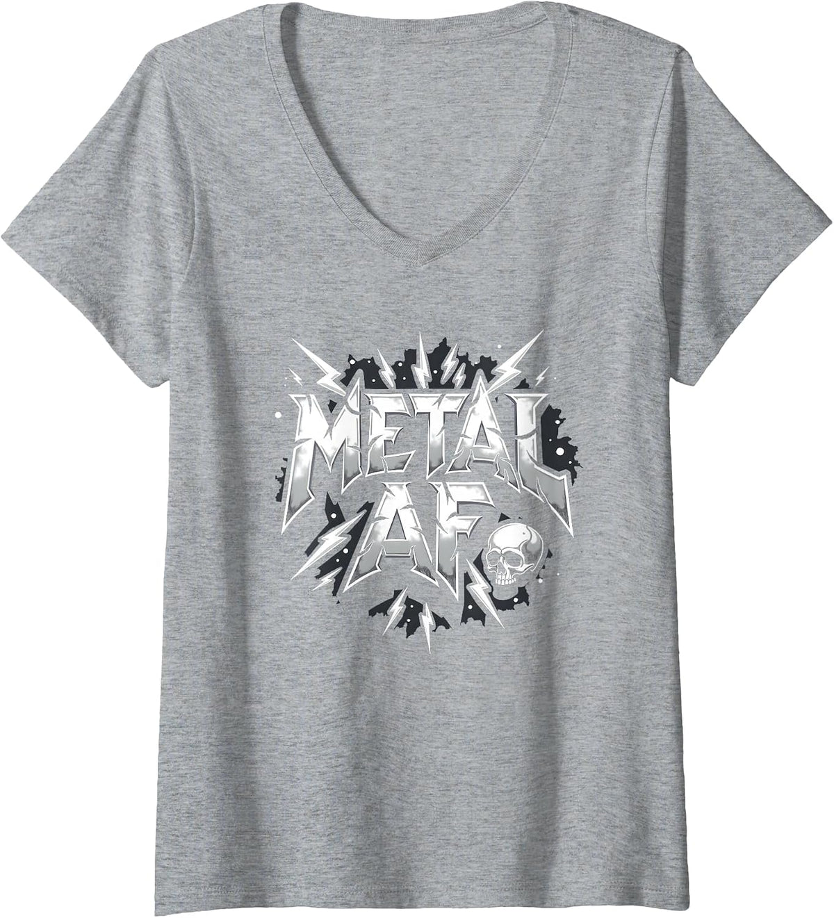 Women's Metal AF Heavy Metal Thunder Skull Rock Rockstar Fan V-Neck T-Shirt - Heather Grey