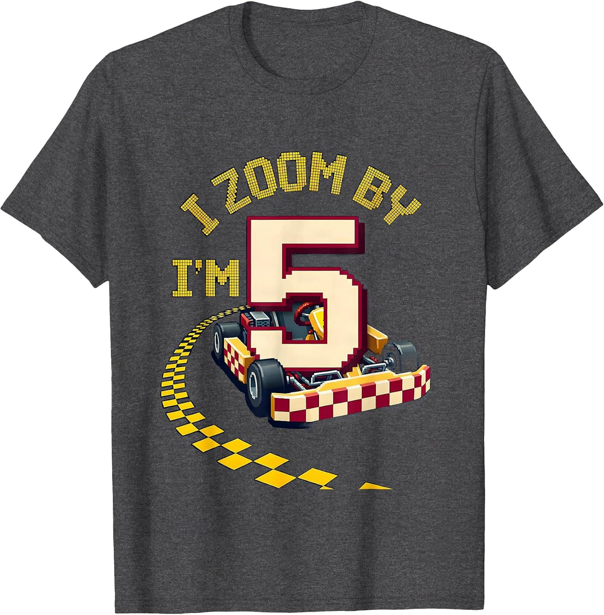 I Zoom By, I'm Five Pixel Art Race Car Birthday Kids T-Shirt - Dark Heather Grey