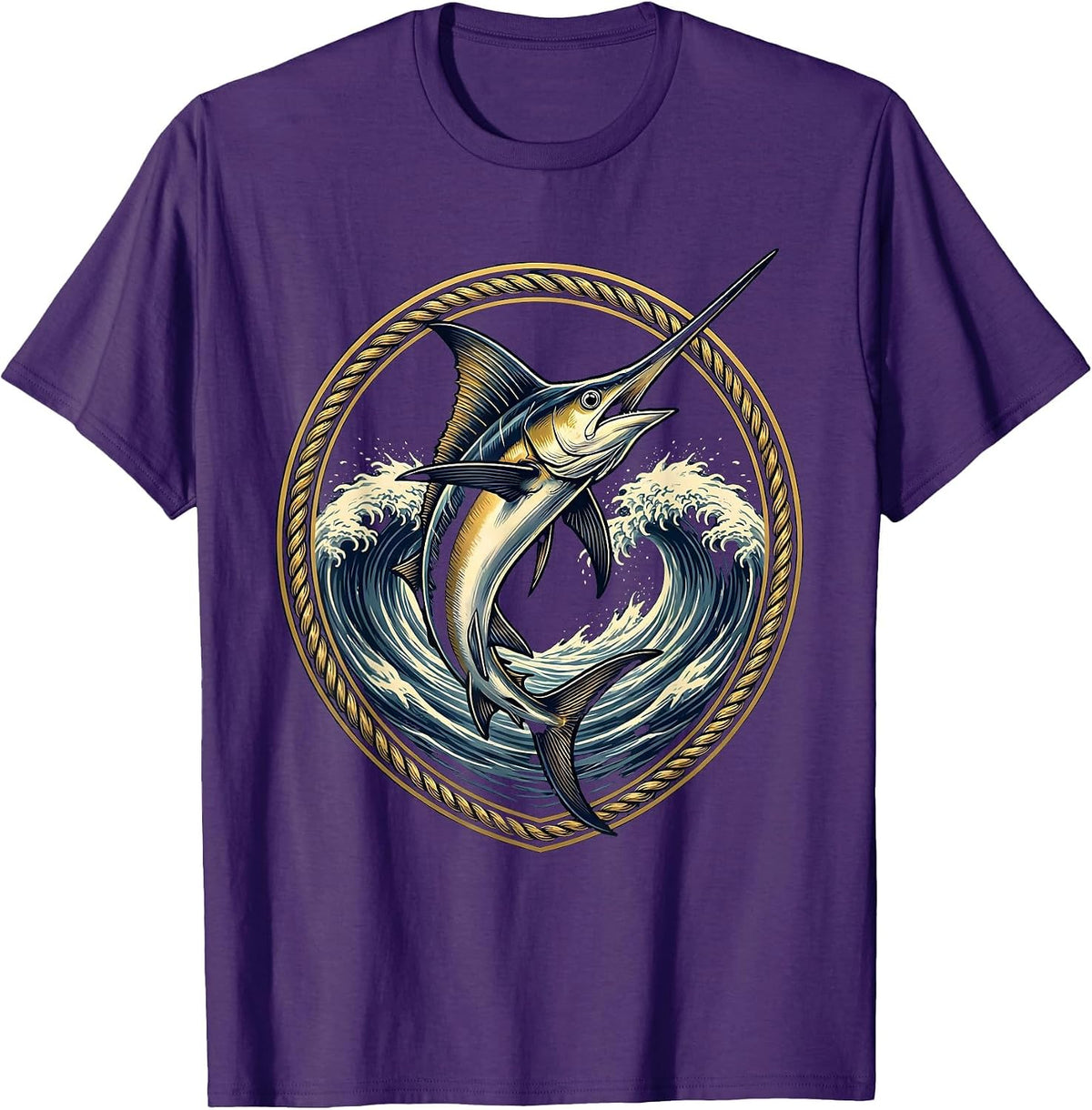 Swordfish Splitting Ocean Wave Graphic T-Shirt - Purple