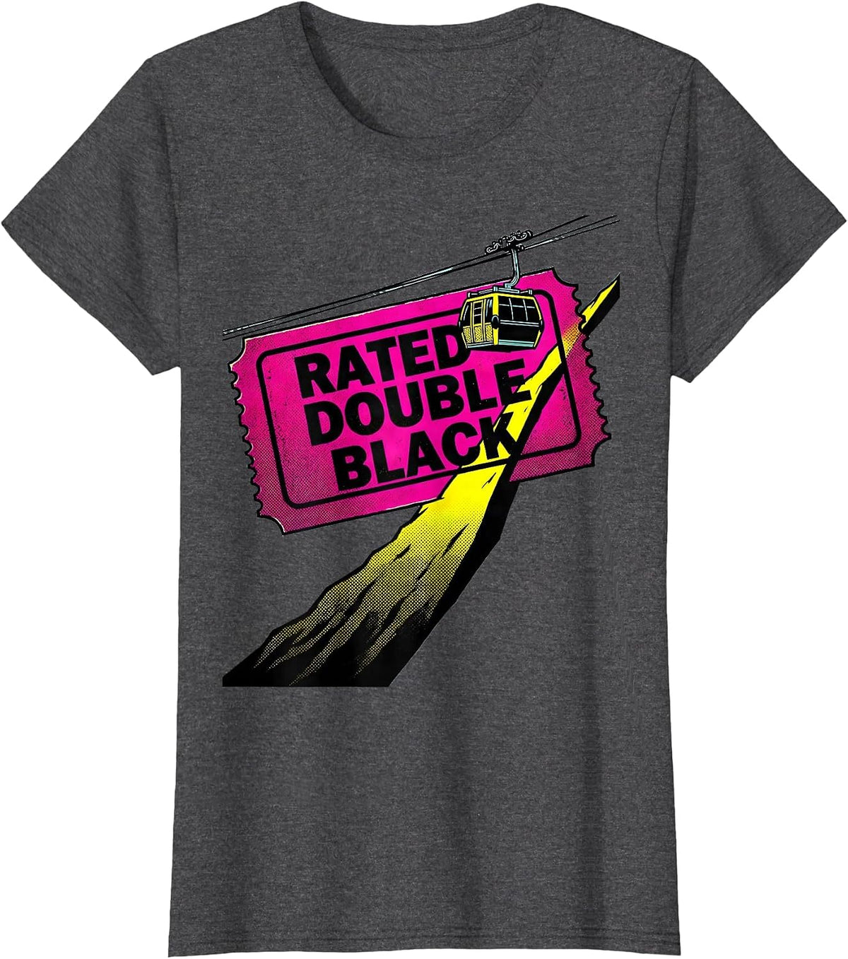 Women's Rated Double Black Pop Art Ski Snowboard Winter Sports Humor T-Shirt - Dark Heather Grey