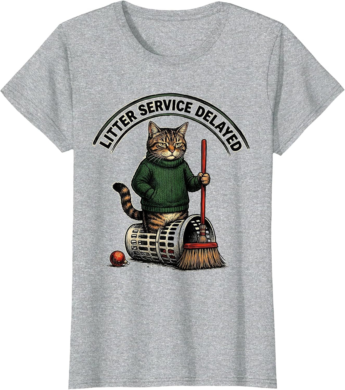 Litter Service Delayed Vintage Funny Cat Lover Christmas T-Shirt - Heather Grey