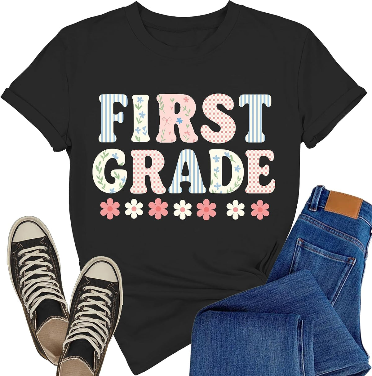 Teacher Shirts for Women First Grade Teacher T-Shirt Teach Top - Black