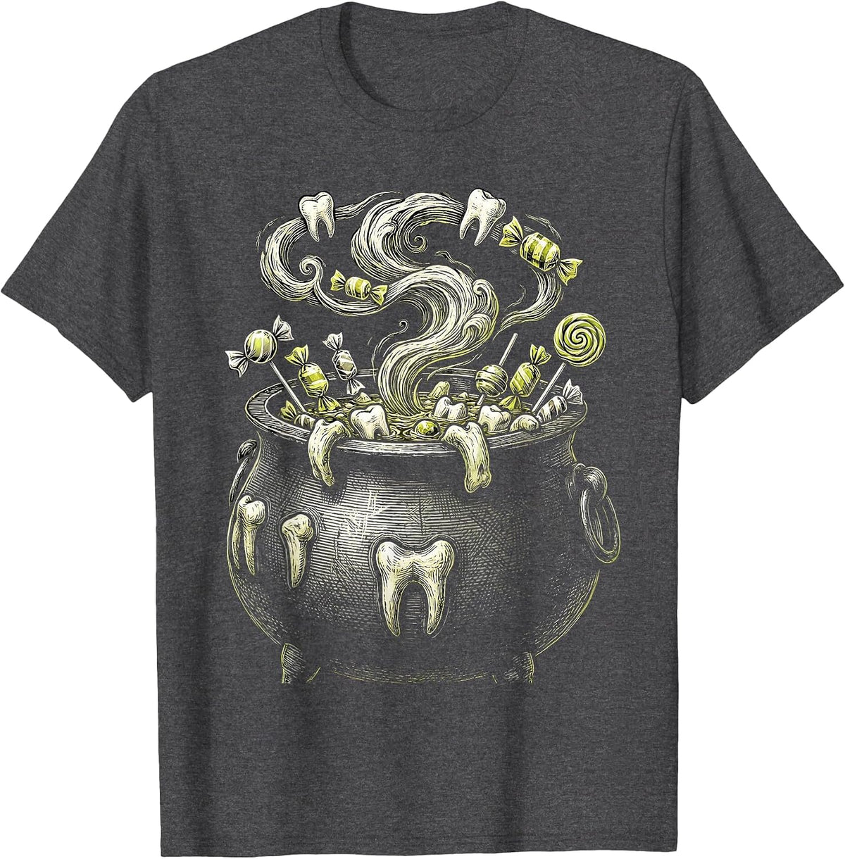 Men's Dental Halloween Cauldron Teeth and Candy Design T-Shirt - Dark Heather Grey