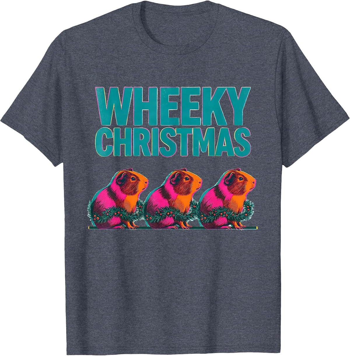 Wheeky Christmas Risograph Guinea Pig Pet Lover Holiday T-Shirt - Heather Blue