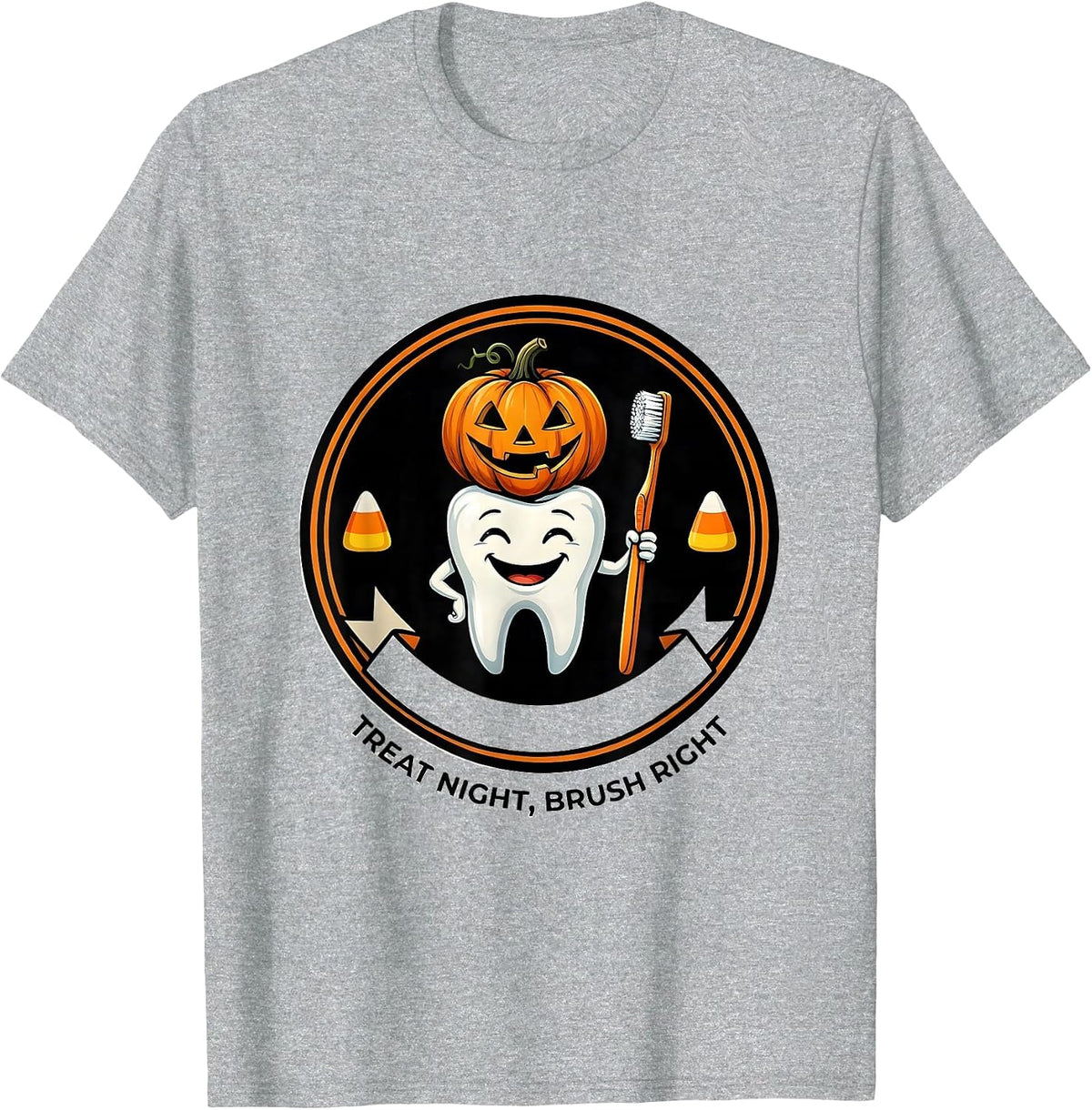 Men's Treat Night Brush Right Playful Dental Humor Halloween T-Shirt - Heather Grey