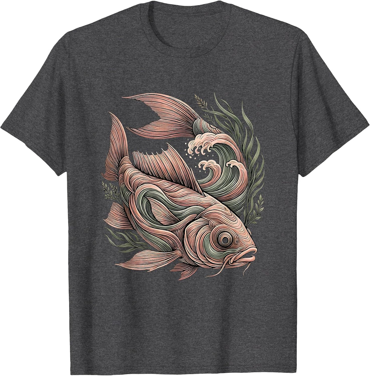 Christian Fish Symbol Ocean Waves Illustration T-Shirt - Dark Heather Grey