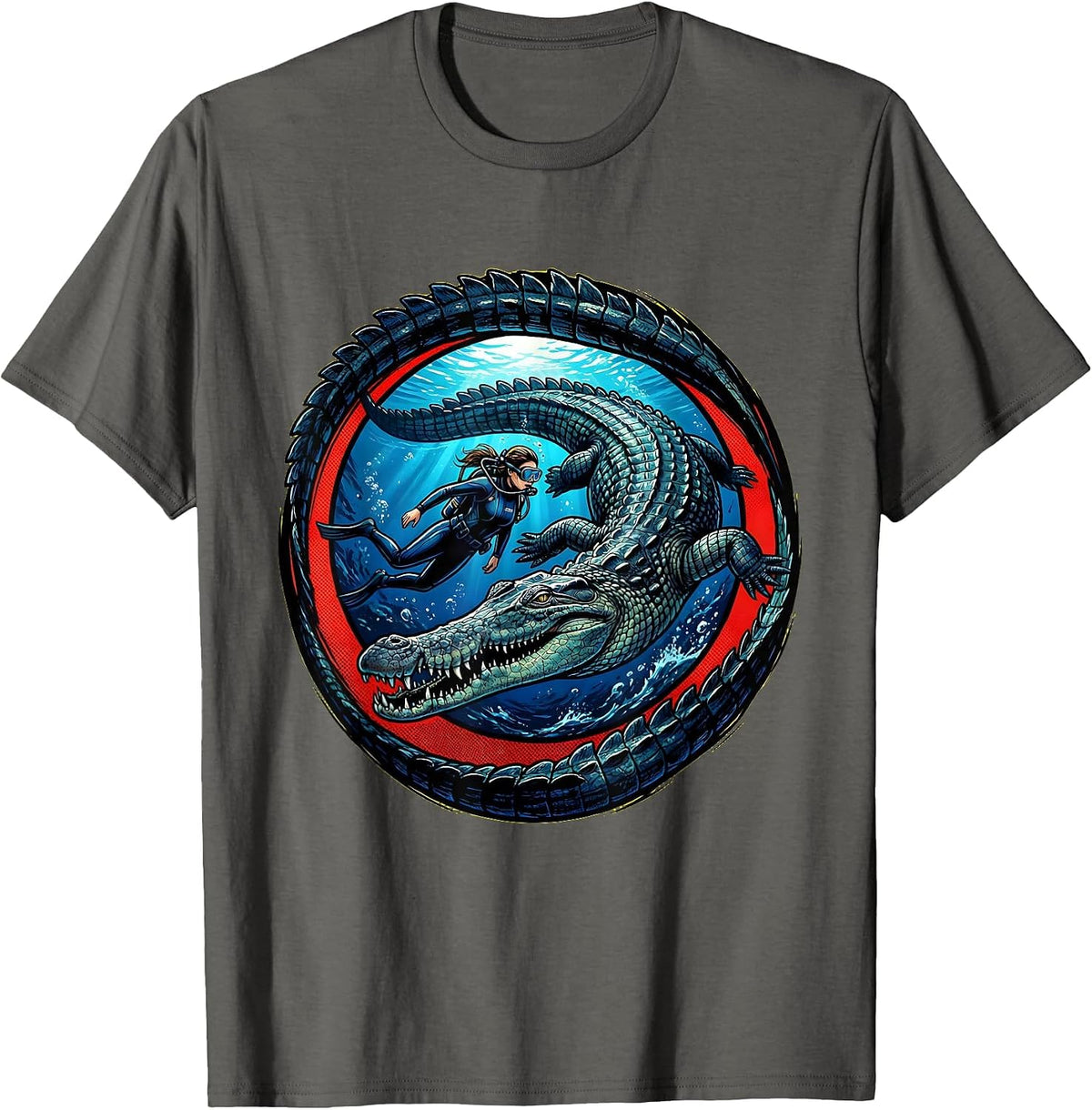Diver and Mosasaur Ancient Ocean Adventure T-Shirt - Asphalt Grey
