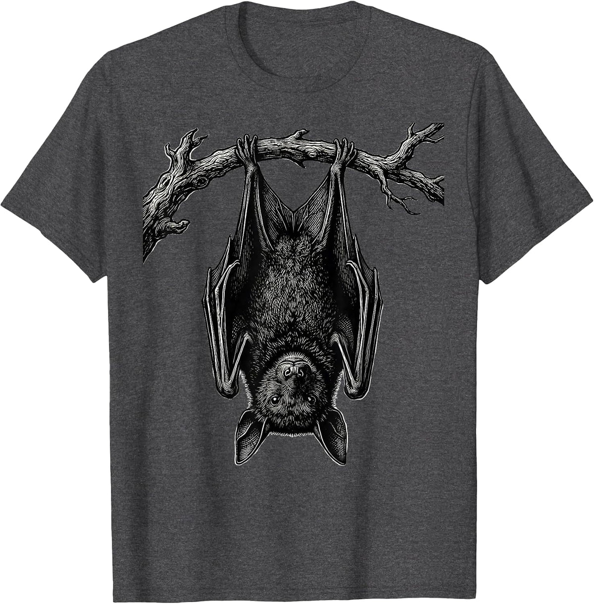 Men's Bat Hanging Woodcut Engraving Gothic Bat Lover T-Shirt - Dark Heather Grey