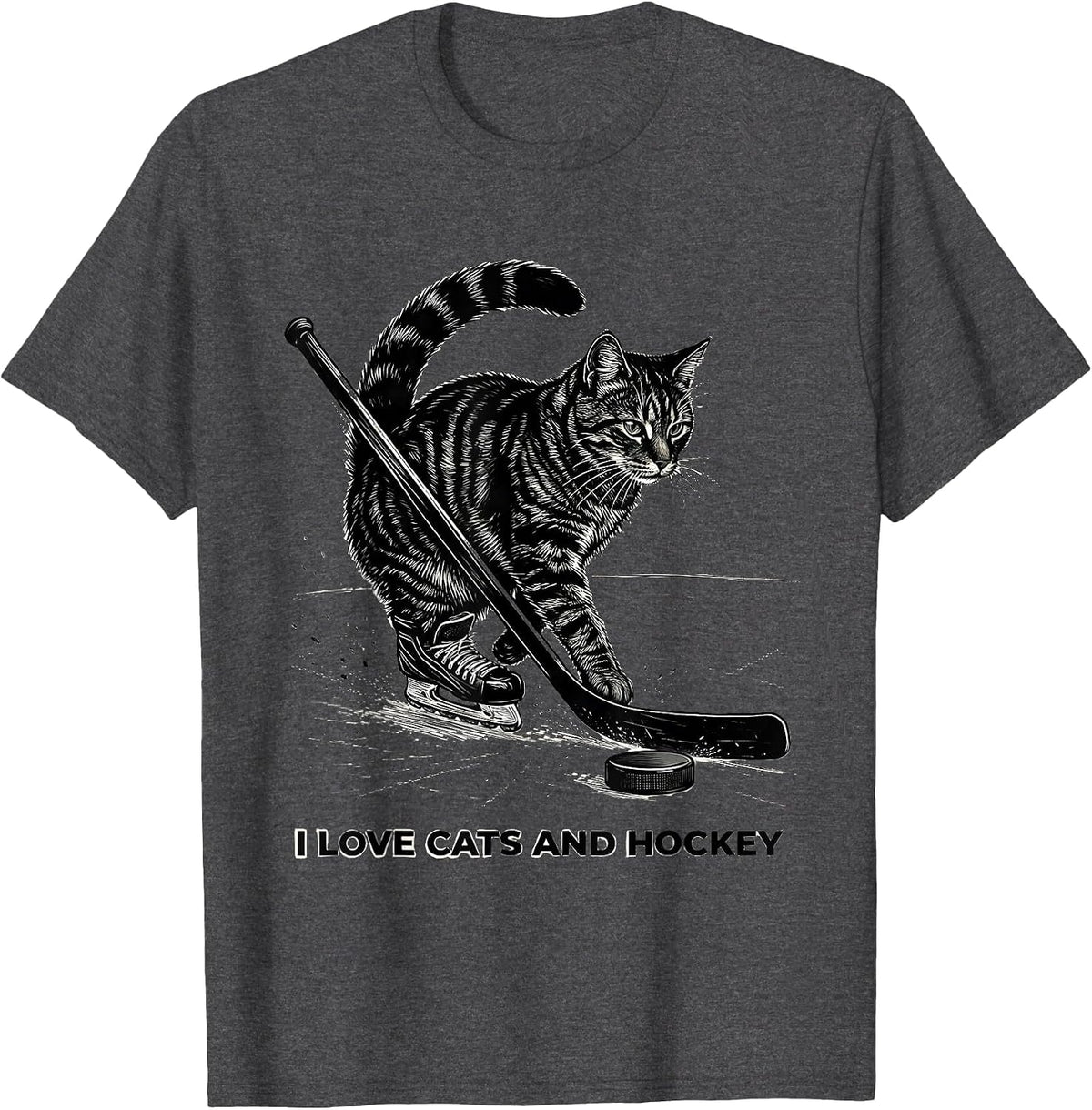 Men's I Love Cats And Hockey Funny Cat Lover Hockey Fan Novelty T-Shirt - Dark Heather Grey