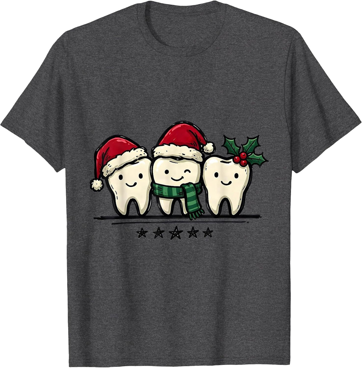 Men's Three Teeth Dental Christmas Staff Humor Crew T-Shirt - Dark Heather Grey