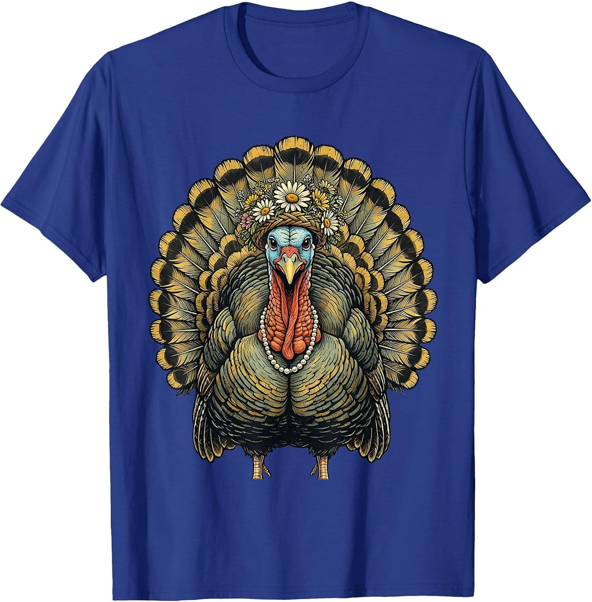 Floral Crown Turkey with Pearls Illustration T-Shirt - Royal Blue