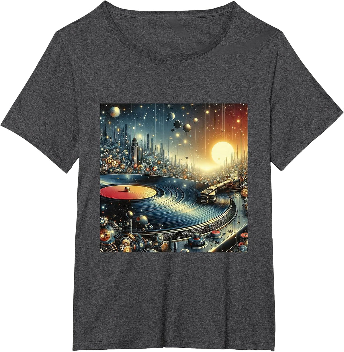 Futuristic Space City Vinyl Record Player Sci-Fi Cityscape T-Shirt - Dark Heather Grey