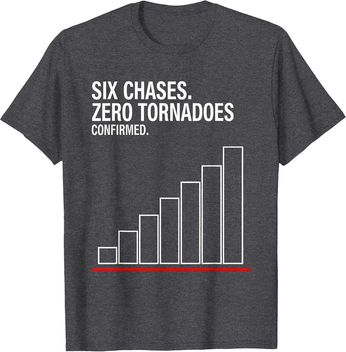 Six Chases Zero Tornadoes Confirmed Storm Chaser Meteorology T-Shirt - Dark Heather Grey