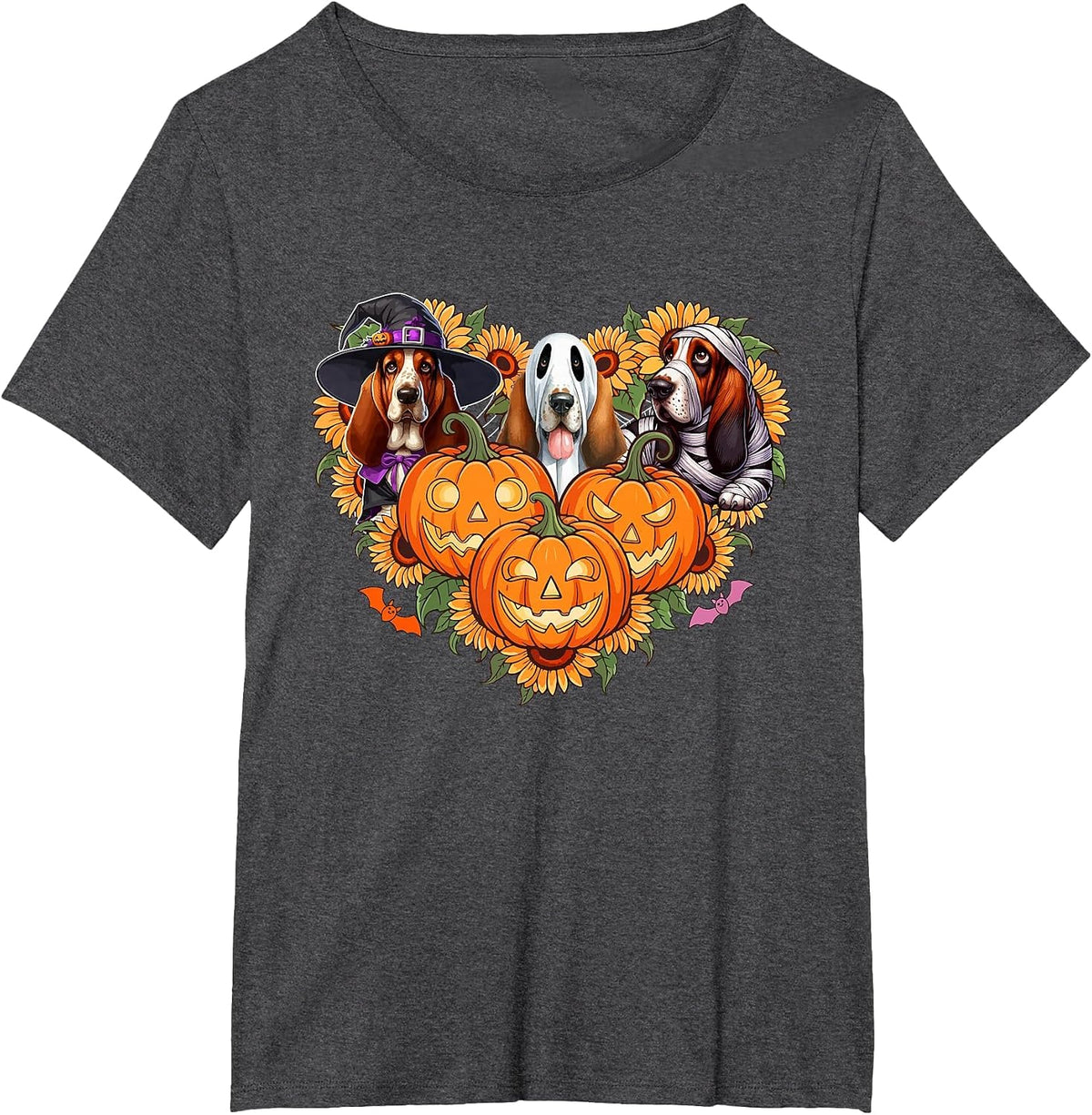 Three Halloween Basset Hounds Cosplay Witch Boo Mummy T-Shirt - Dark Heather Grey