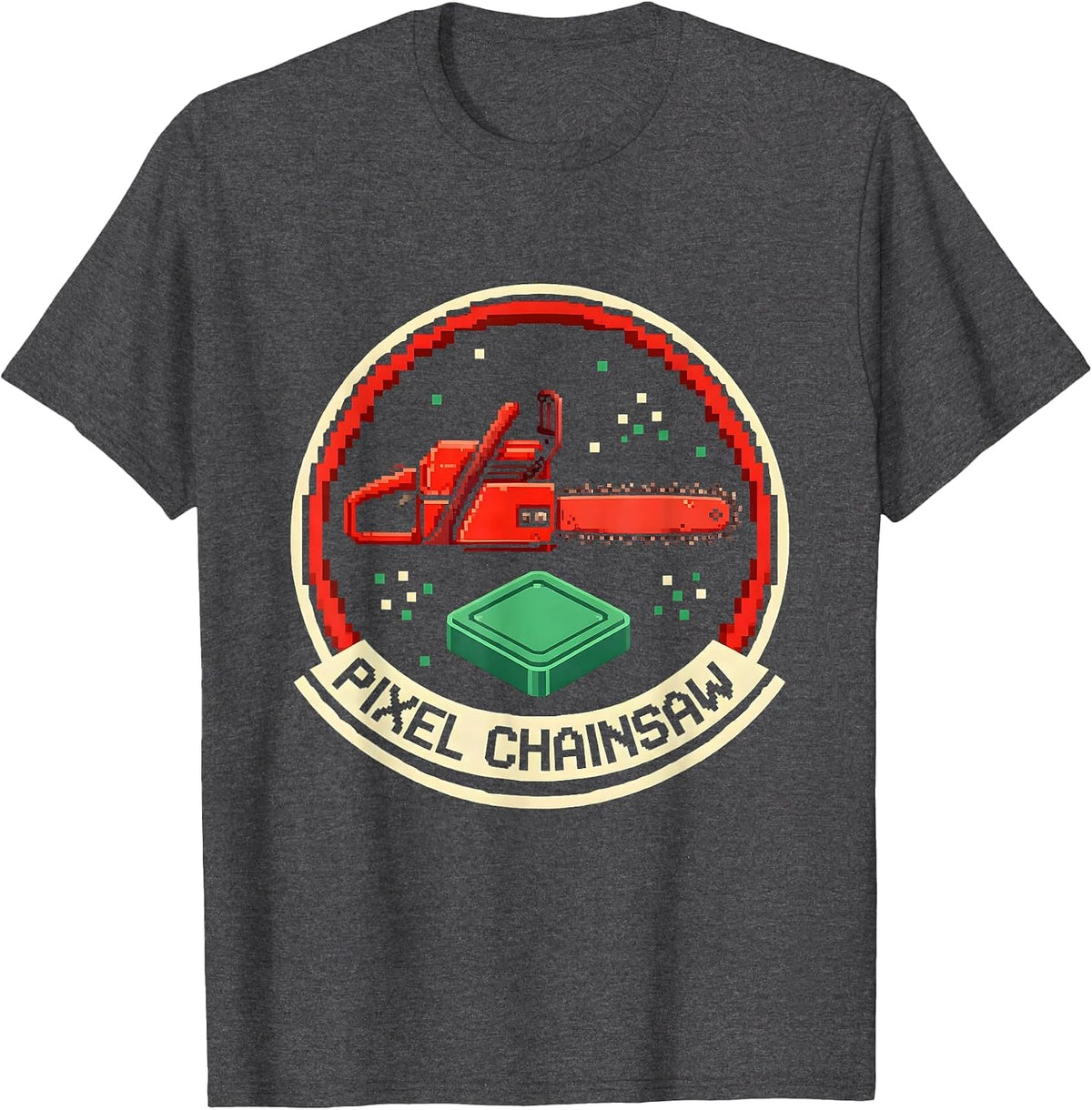 Pixel Chainsaw Retro Arcade Halloween Group Costume T-Shirt - Dark Heather Grey