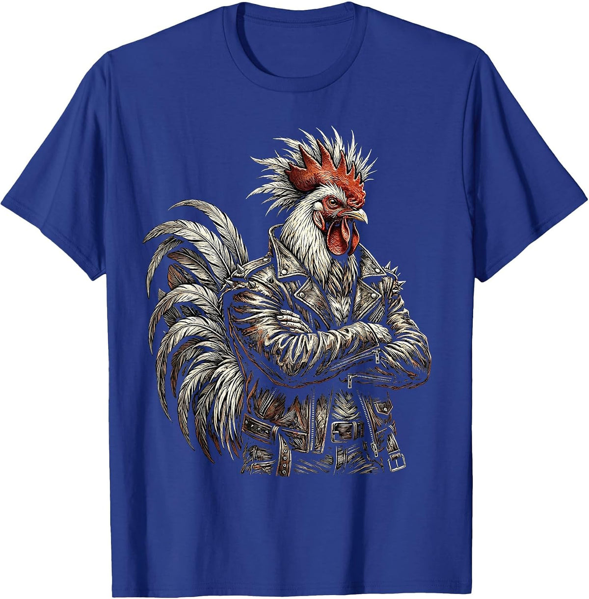 Rock and Roll Rooster Mohawk Leather Jacket Graphic T-Shirt - Royal Blue
