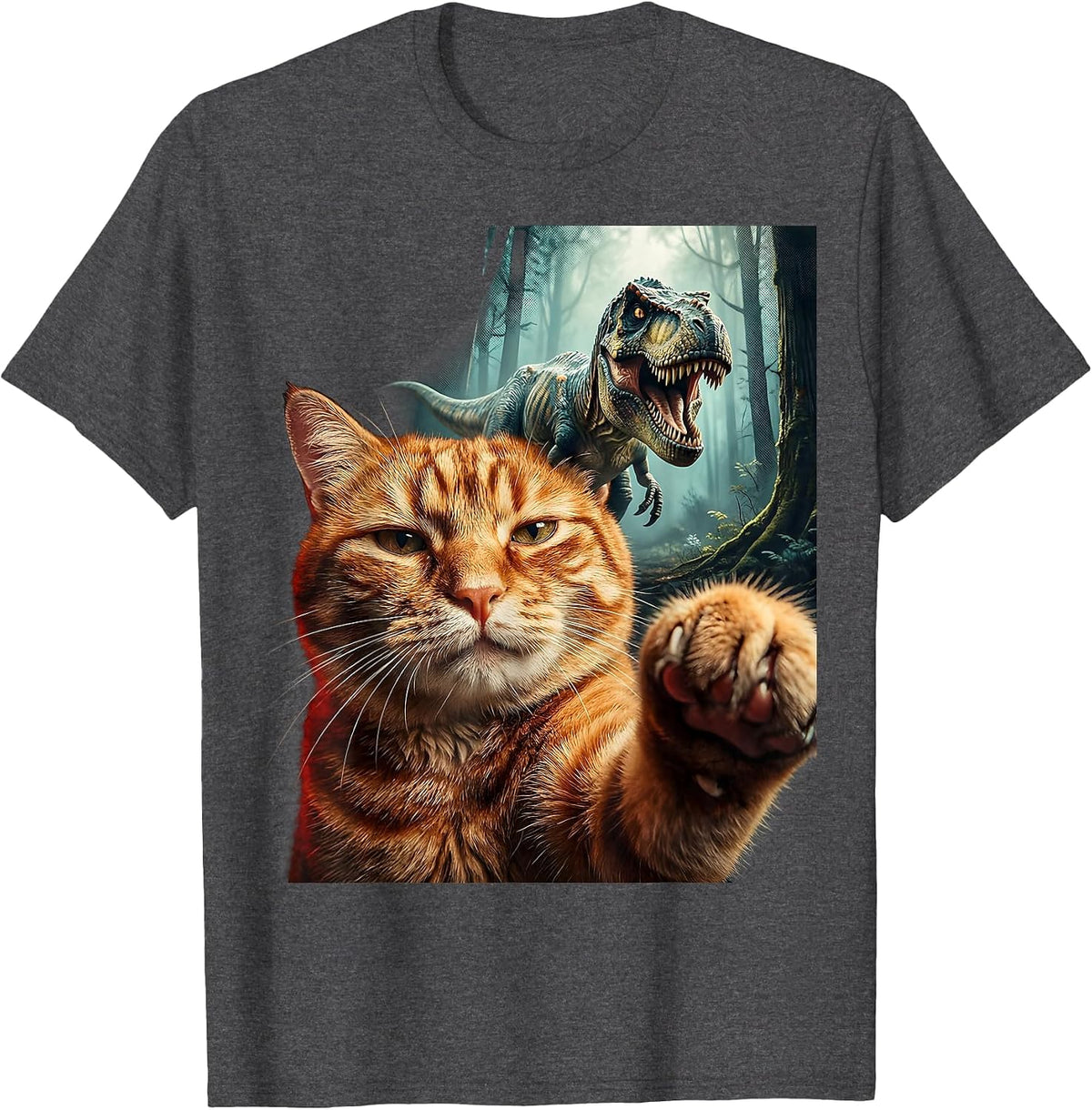 Oversized Cat Face T-Rex Pulp Cover Funny Meme T-Shirt - Dark Heather Grey