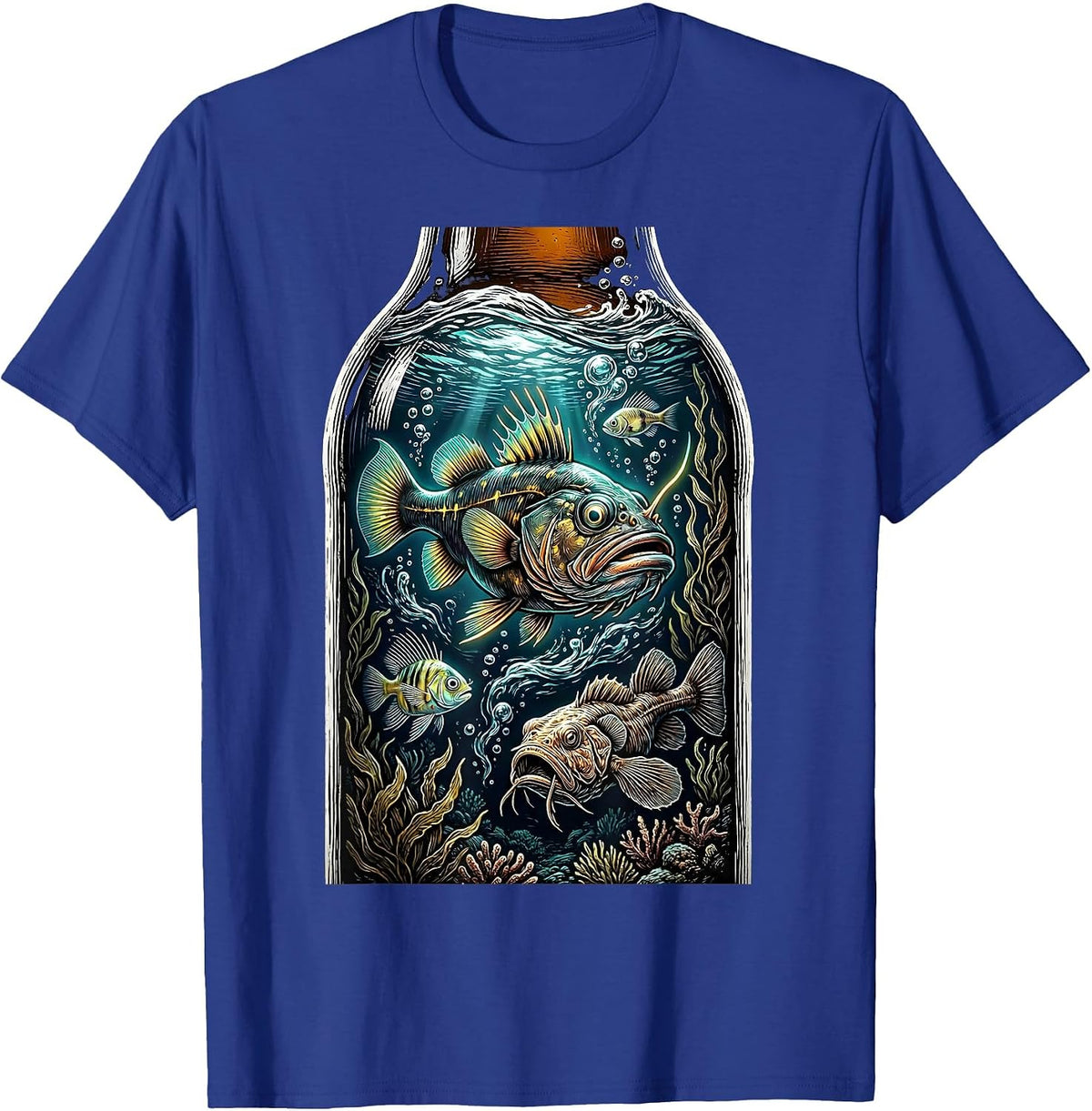 Men's Deep Sea Fish in a Beer Bottle Illustration T-Shirt - Royal Blue