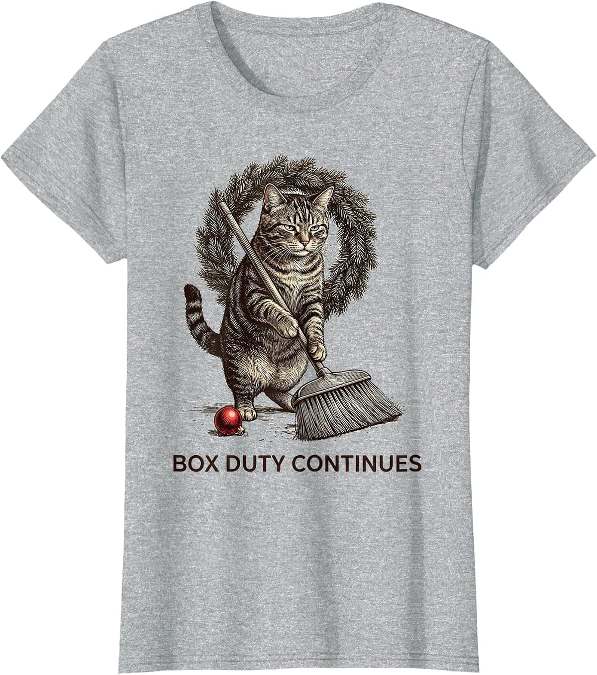 Box Duty Continues Sarcastic Cat Lover Christmas Humor T-Shirt - Heather Grey