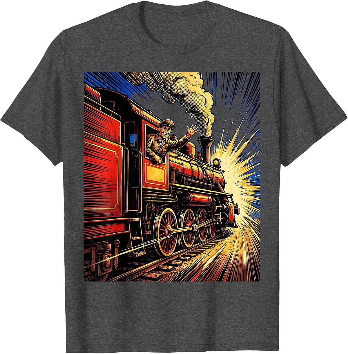 Smiling Engineer Waving From Speeding Train T-Shirt - Dark Heather Grey