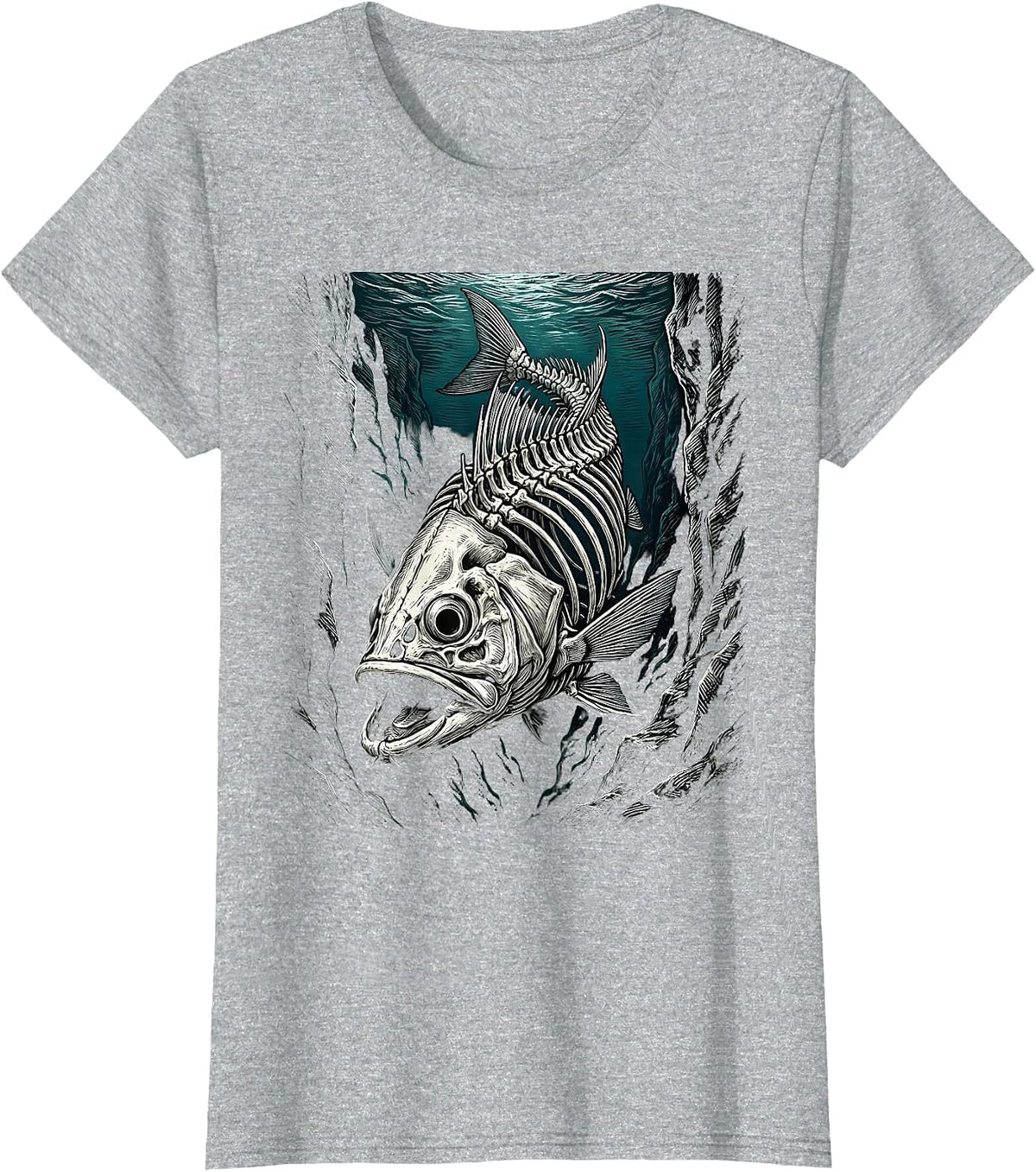 Women's Skeleton Fish Ocean Trench Deep Sea Illustration T-Shirt - Heather Grey