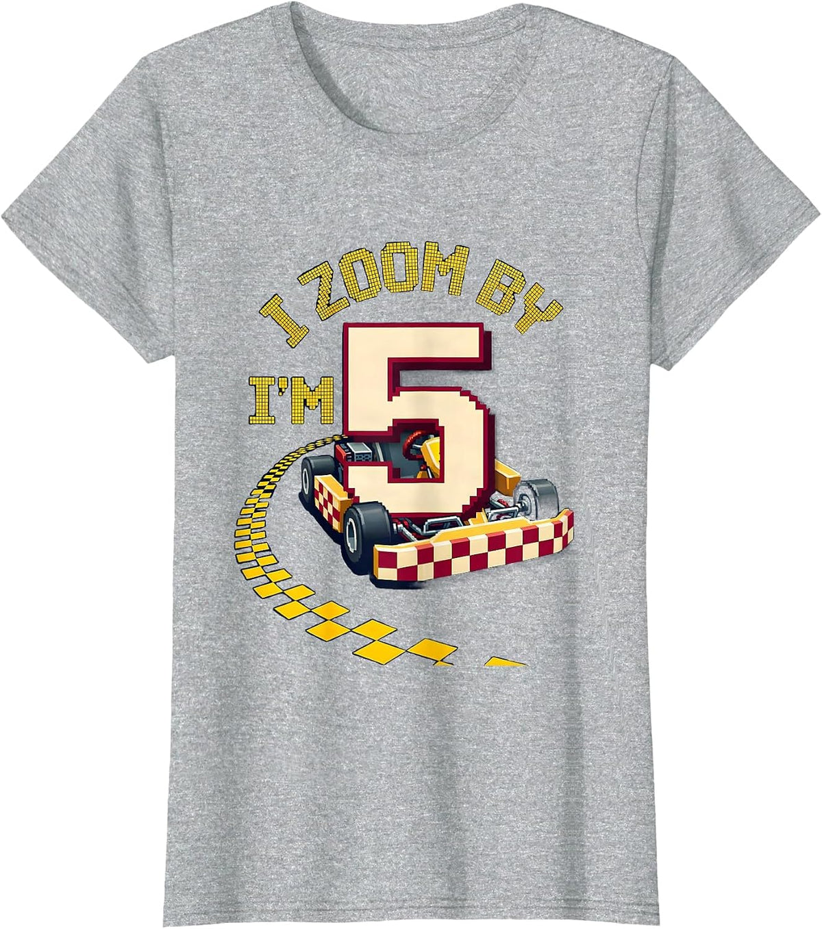 I Zoom By, I'm Five Pixel Art Race Car Birthday Kids T-Shirt - Heather Grey