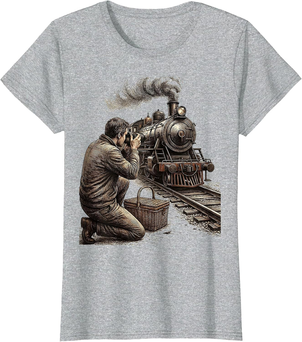 Trainspotter Kneeling Steam Locomotive Crosshatch Etching T-Shirt - Heather Grey
