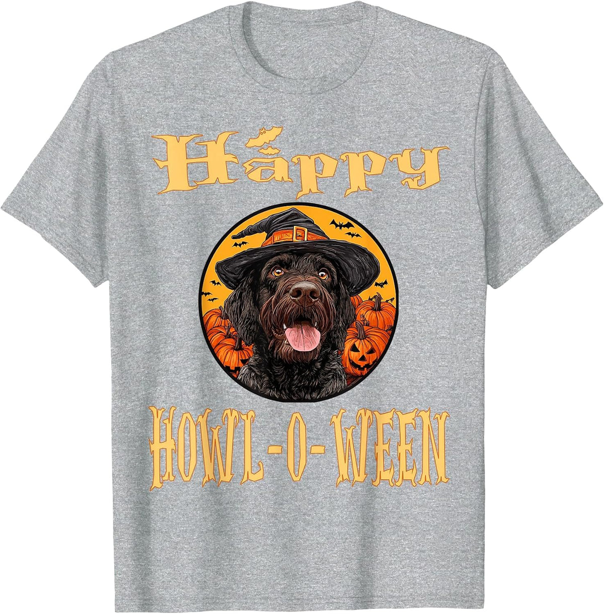 German Wirehaired Pointer Dog Whitch Hat Halloween Pumpkin T-Shirt - Heather Grey