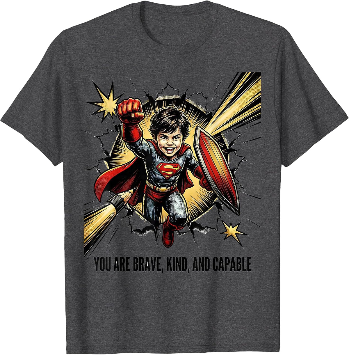 You Are Brave, Kind, And Capable Comic Book Teacher T-Shirt - Dark Heather Grey