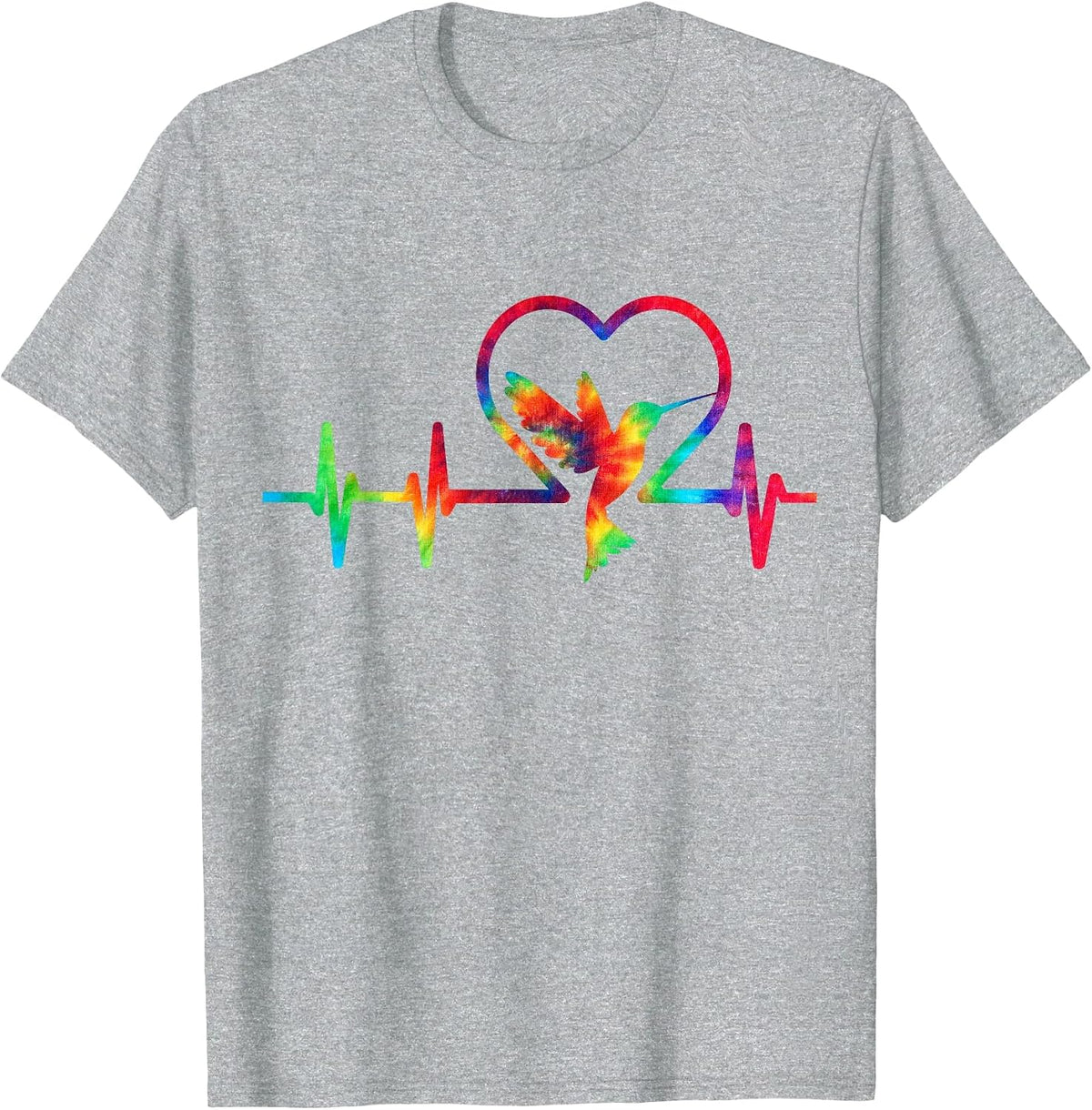 Hummingbird Lovers Tie Dye Heartbeat Colorful Heart Rainbow T-Shirt - Heather Grey