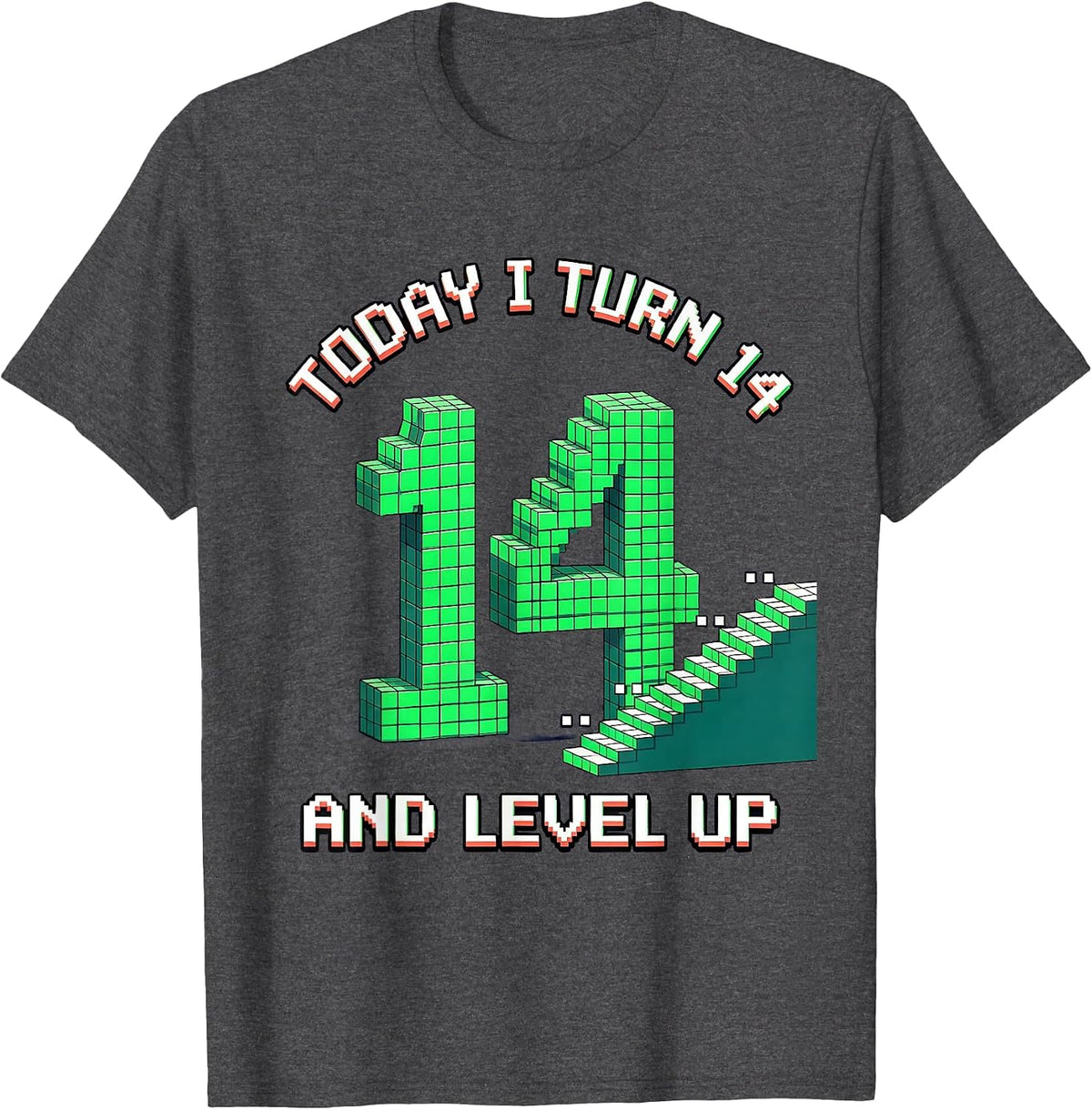 Men's Today I Turn 14 And Level Up Pixel Art Gamer Birthday T-Shirt - Dark Heather Grey