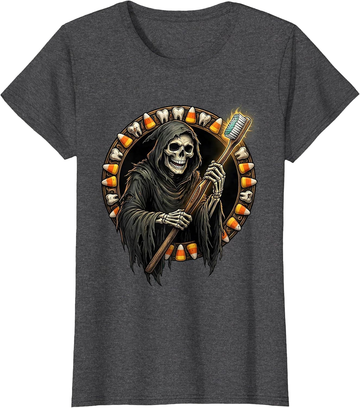Women's Dental Halloween Grim Reaper Giant Toothbrush T-Shirt - Dark Heather Grey